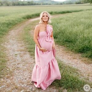 Petal & Pup One-Shoulder Pink Maxi Dress: Betina Bow Front